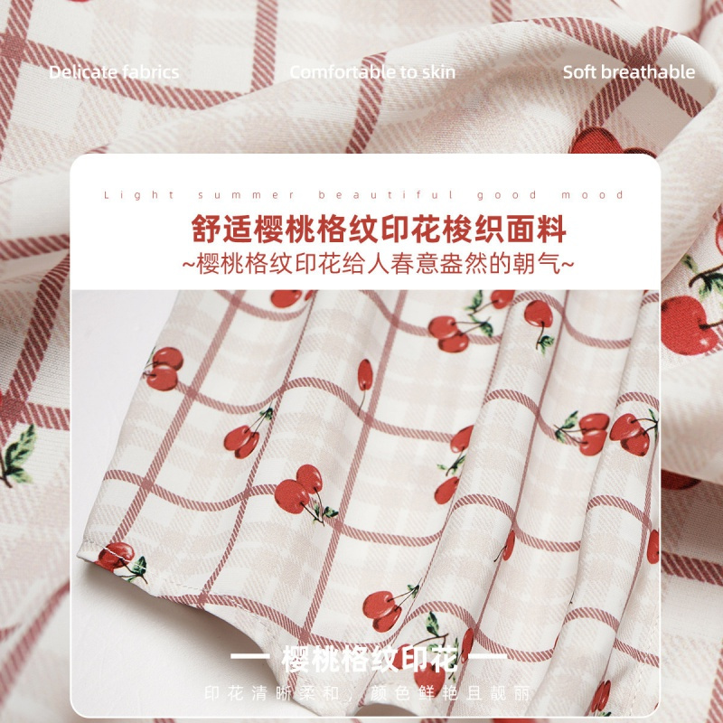 OUNIXUE欧昵雪 | [复古樱桃印花衬衣]春季浪漫风气质翻领格纹上衣宽松衬衫女