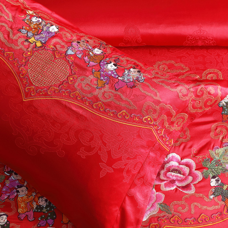 梦洁家纺婚庆套件结婚大红色床单被套百子绣花提花十二件套百子图