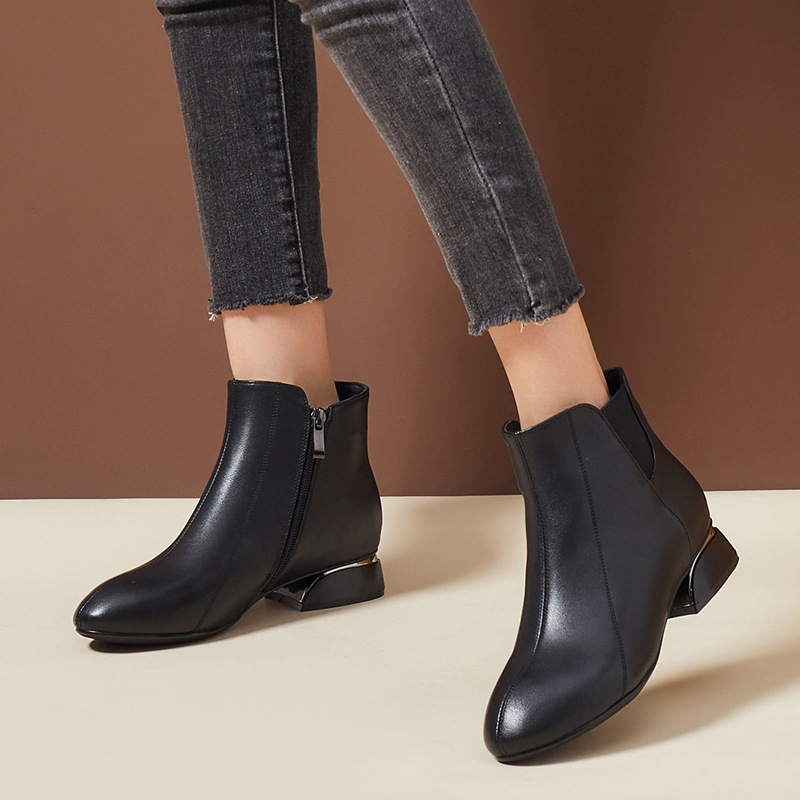 brookings新款圆头粗跟大码女靴时尚百搭切尔西靴侧开拉链时装短