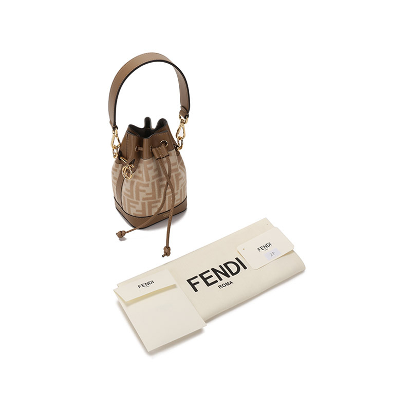 芬迪 FENDI 女士MON TRESOR系列织物配皮手提单肩斜挎包抽绳包水桶包 8BS010 AHJF
