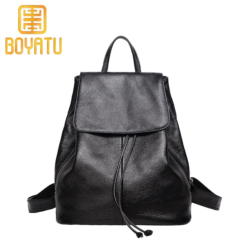柏雅图（boyatu）头层牛皮女士双肩包韩版百搭潮背包时尚百搭学院风书包