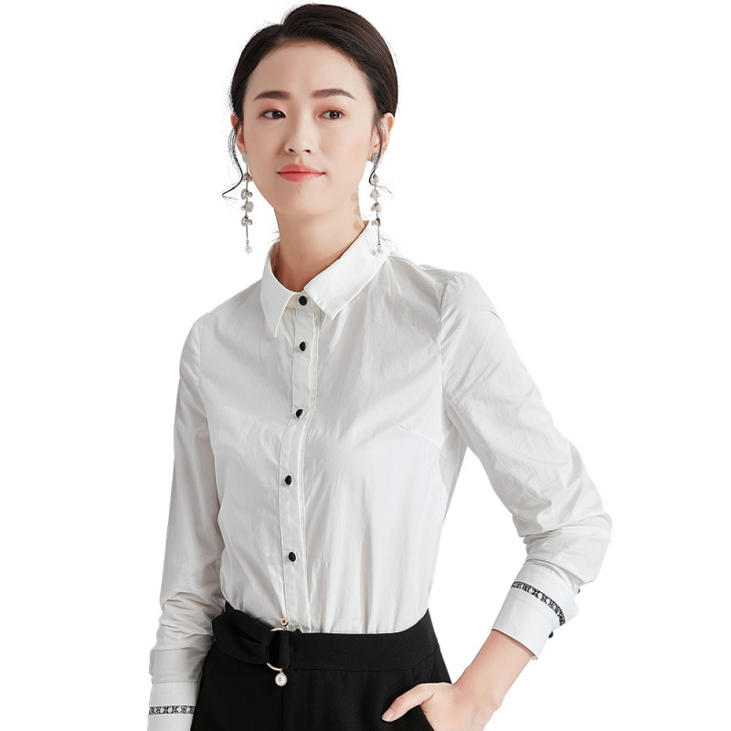 欧昵雪秋装织带拼接长袖白色衬衫女OL气质职业棉衬衣