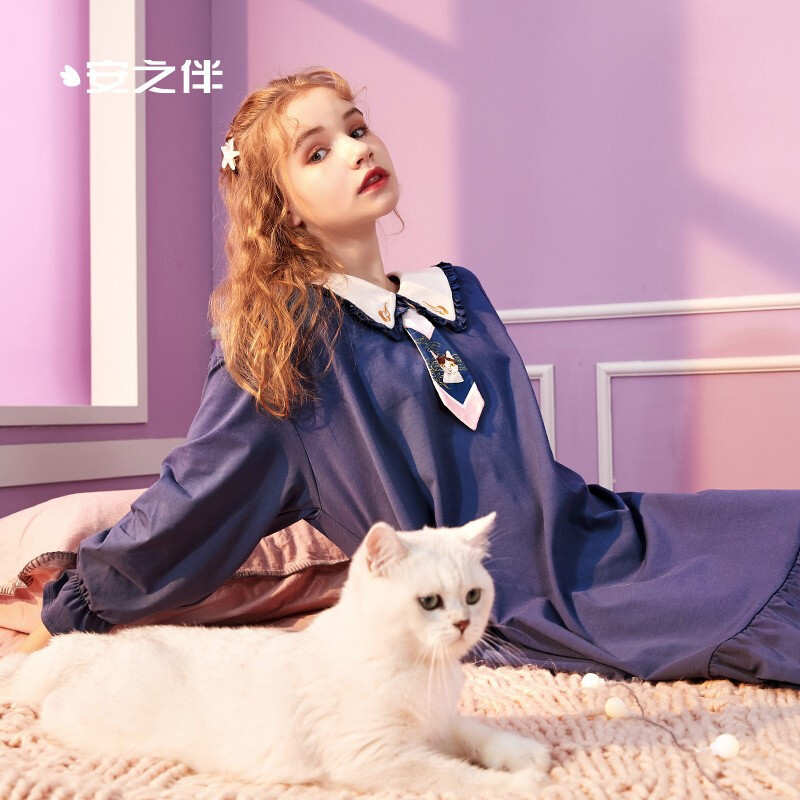 安之伴睡衣女裙娃娃领卡通领带可爱荷叶边中长裙棉质弹力针织素色长袖可外穿女裙 灰兰 S