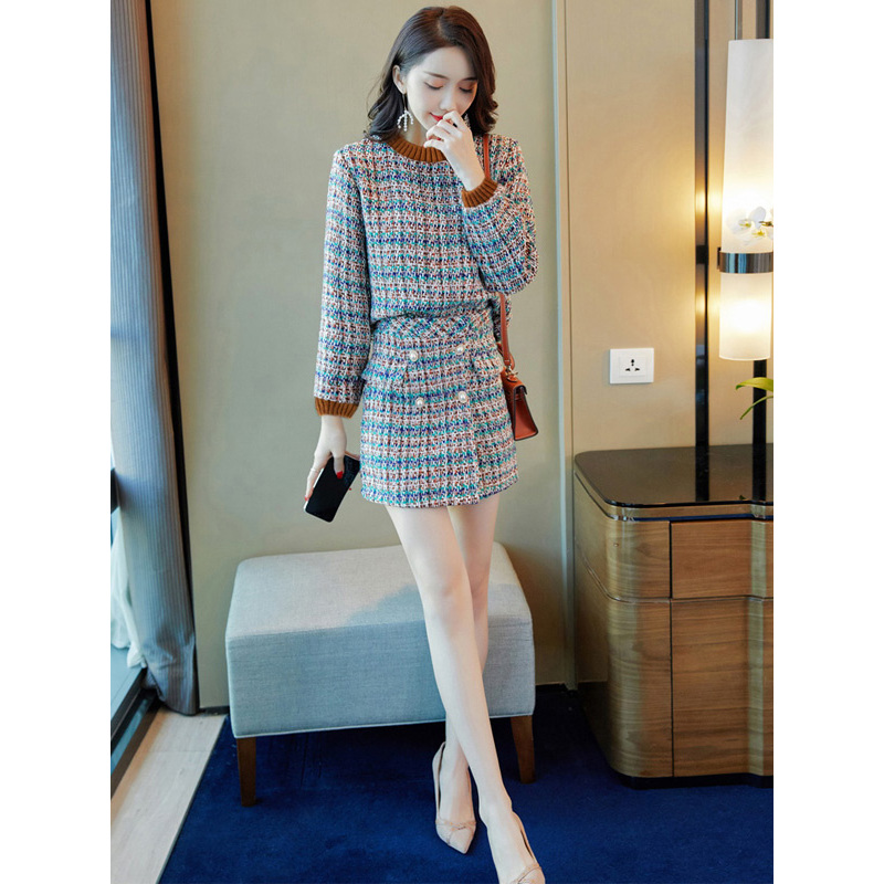 丝柏舍2019秋装女撞色长袖上衣搭收腰半身裙套装S93B4287N