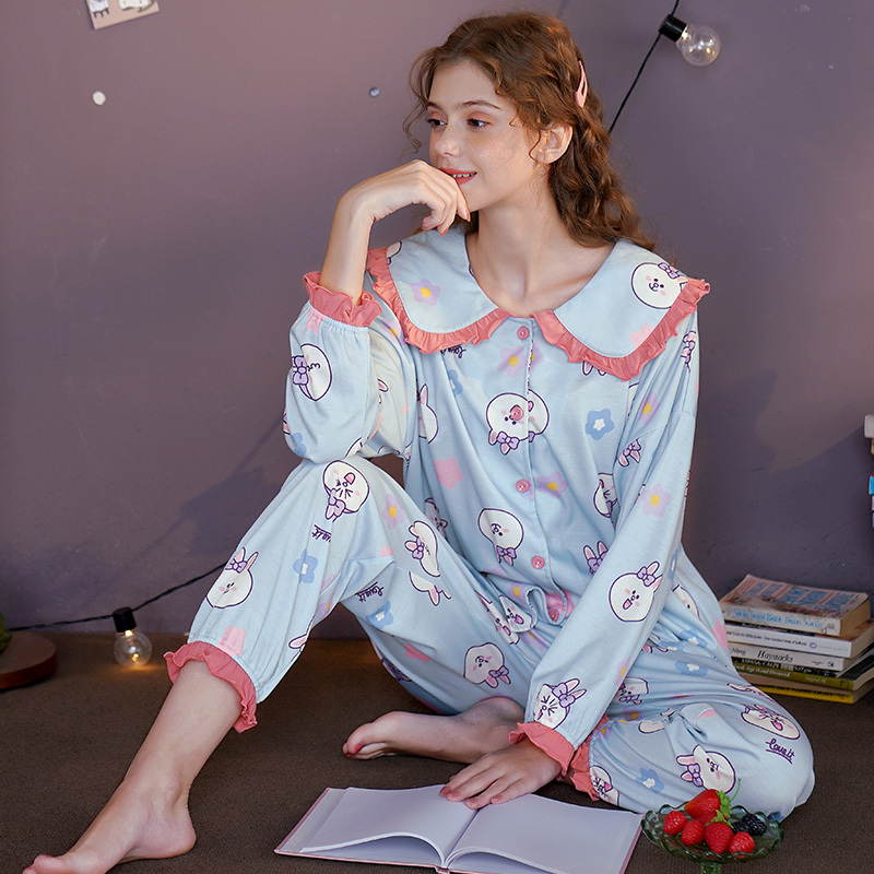 芬腾春秋长袖睡衣女可爱布朗熊纯棉家居服宽松少女公主领两件套