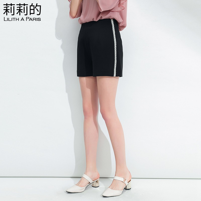 莉莉的 高腰休闲短裤女2018夏季 新款宽松女裤拼接珍珠织带黑色直筒短裤