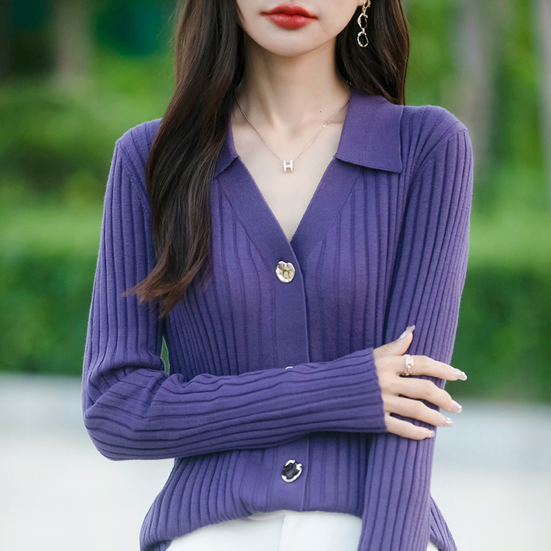 时尚翻领长袖针织开衫女士春秋新款气质显瘦毛衣洋气内搭打底上衣