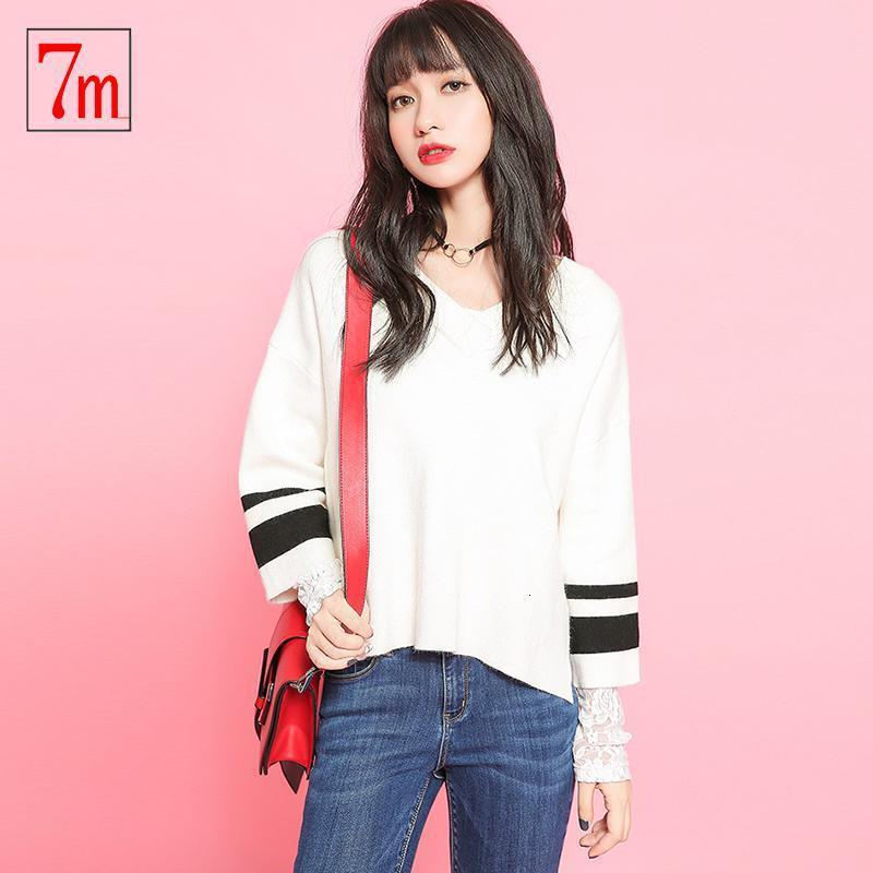 7M针织衫女秋冬新款韩版V领宽松慵懒风外穿薄款蕾丝毛衣外套女70009125