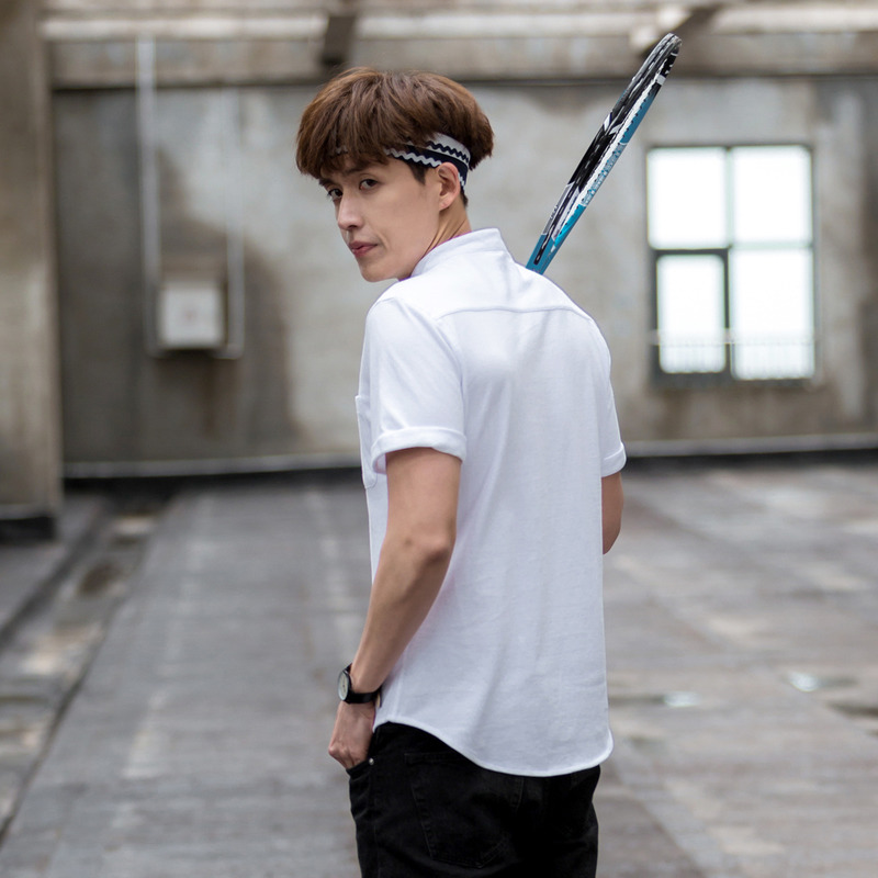 唐狮立领衬衫男短袖夏季休闲中袖衬衣男青少年白色纯棉衬衫