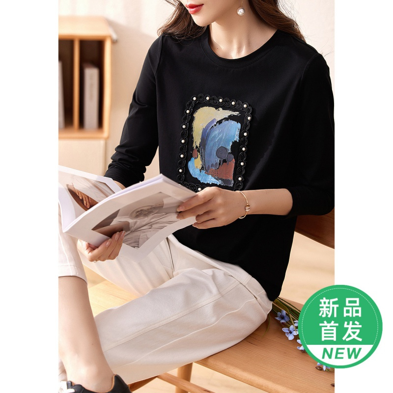 OUNIXUE欧昵雪 | 2023春季休闲油画烫图圆领T恤女士长袖时尚套头百搭上衣