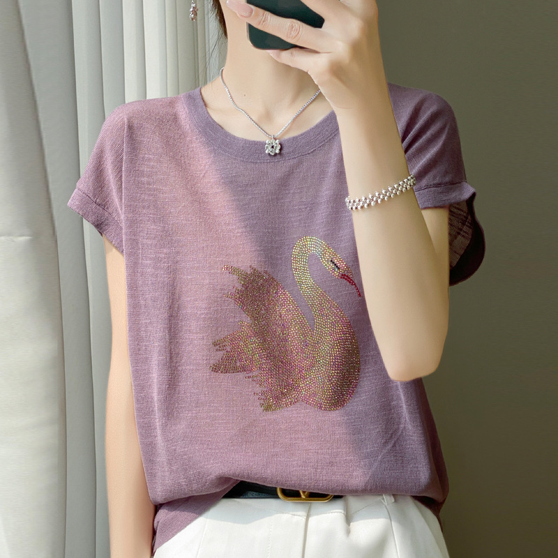 夏季女装新款针织衫棉竹节麻短袖上衣女t恤女圆领烫钻天鹅