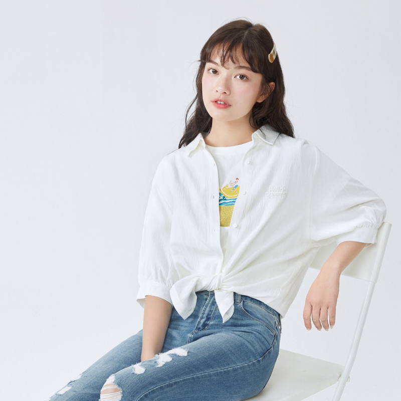 【满198减100预估价：43】森马衬衫女衬衣春款2021新时尚女士白色复古寸衫设计感小众