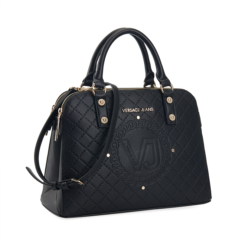 versacejeans范思哲18新款女士黑色聚酯纤维logo压纹双层拉链手提包e1