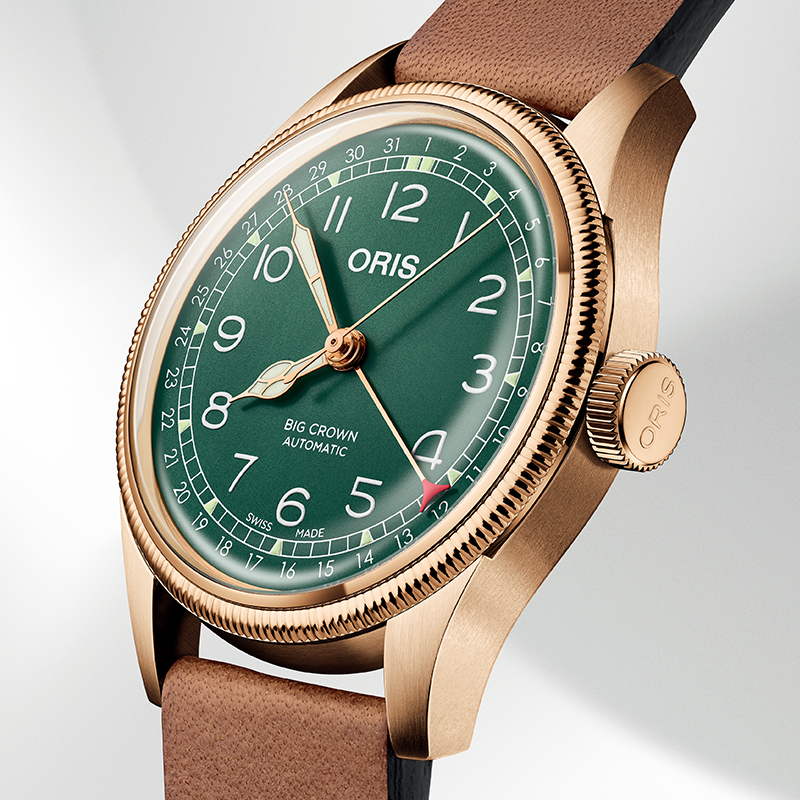 oris豪利时aviation航空系列80周年特别版大表冠指针式绿盘皮带青铜