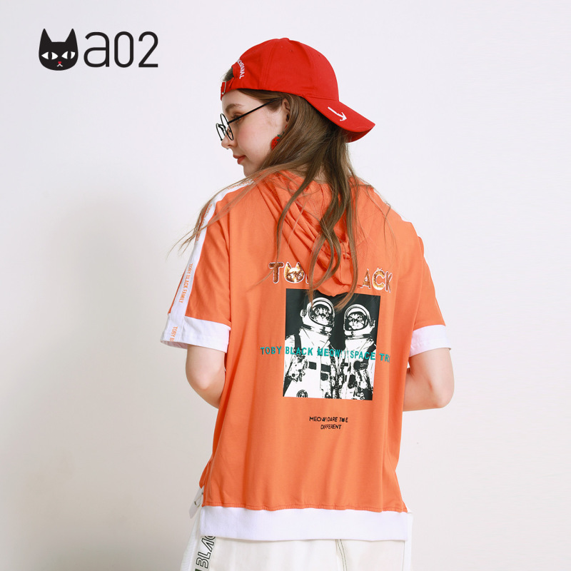 a02商场同款潮流亮片刺绣印花上衣连帽飘带T恤女D1U5A0231KT