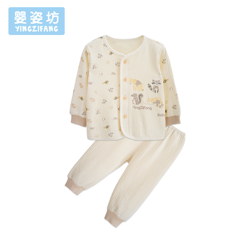 秋季新款男女童印花条纹裤子小动物圆领前开扣两件套 田园风