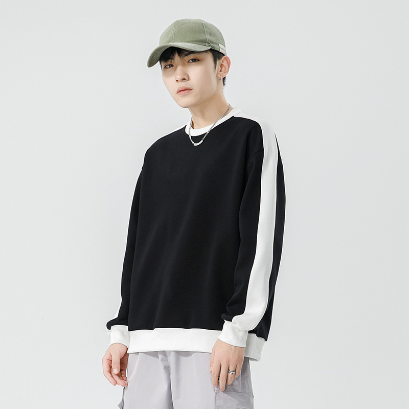 男士圆领卫衣春秋季韩版潮流拼色拼接宽松套头百搭长袖打底衫男装