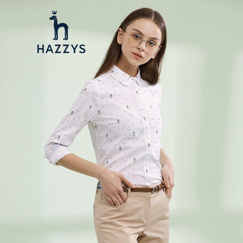 哈吉斯HAZZYS 春夏女装圆方领刺绣印花修身衬衫小清新上衣