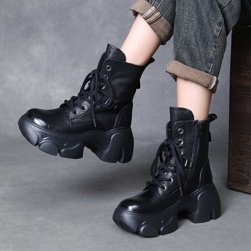 头层小牛皮复古马丁靴女秋冬新款轻便舒适厚底增高侧拉链短靴