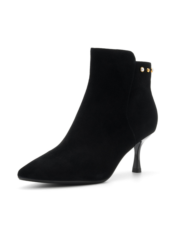 ST&SAT/星期六旗下冬季羊反绒铆钉装饰尖头高跟细跟时尚短靴女DF84116135