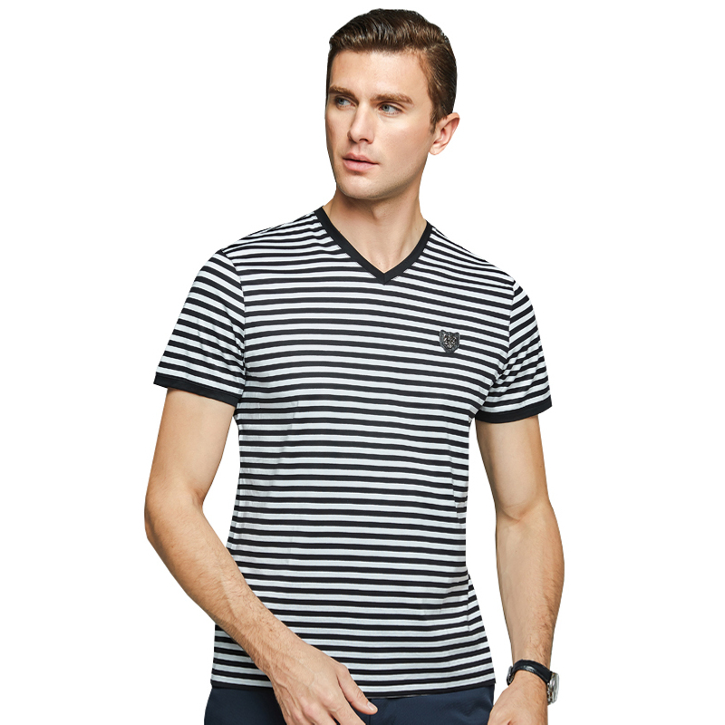 雅鹿男士短袖t恤夏含桑蚕丝v领男2019款半袖中年条纹体恤上衣