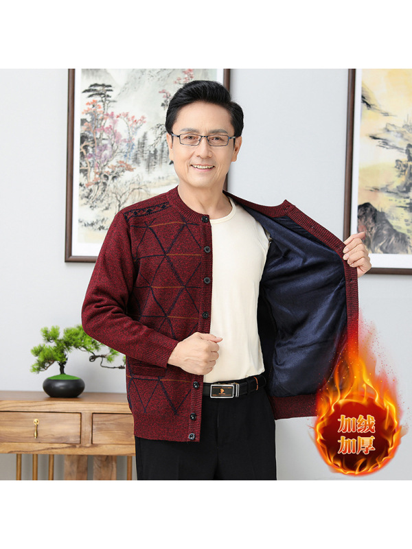 秋冬中年男士保暖加绒加厚拼色开衫外套爸爸装羊毛衫纯色提花开衫