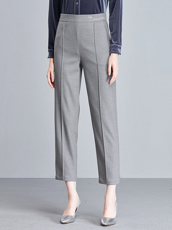 欧昵雪秋冬季新款绣花简约修身高腰小直筒烟管裤OL休闲九分裤q