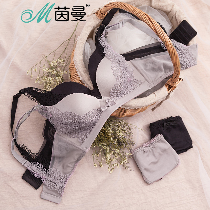 茵曼内衣无钢圈性感蕾丝镂空内裤小胸聚拢文胸套装 9881434004