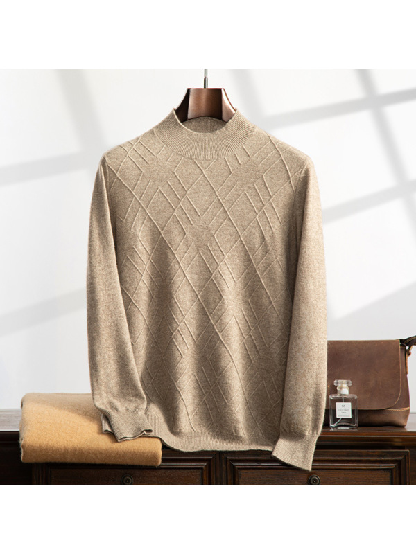 菱形半高领保暖长袖套头男士山羊绒衫轻奢提花秋冬新款针织毛衣潮