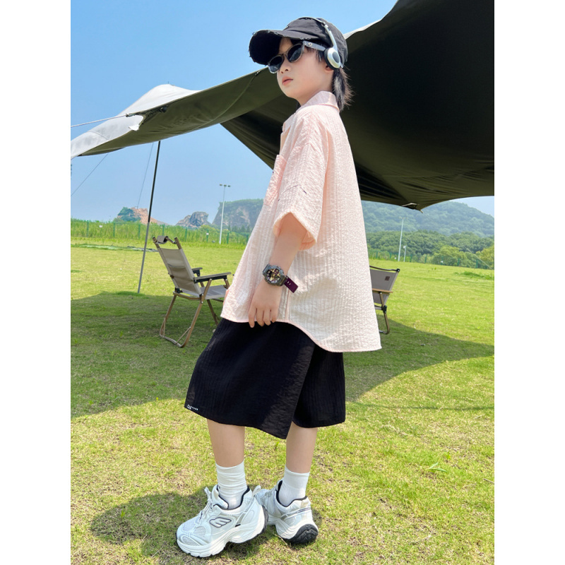 男童夏装套装2025新款大儿童夏季短袖衬衫洋气时髦男孩衣服夏款潮