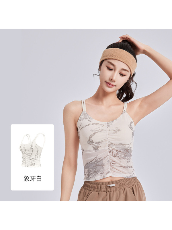 新款国风印花瑜伽背心一体固定杯外穿运动内衣吊带女
