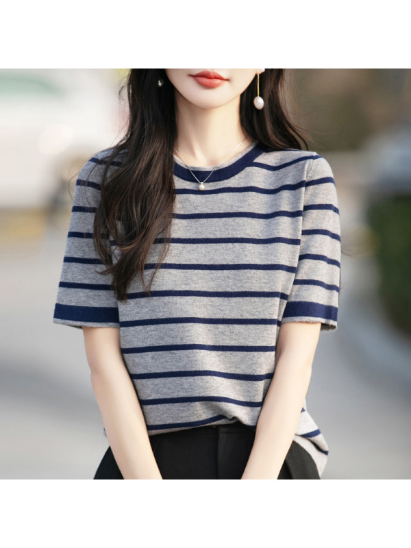 夏新款女装上衣全纯色棉针织衫短袖女T恤女圆领背心条纹