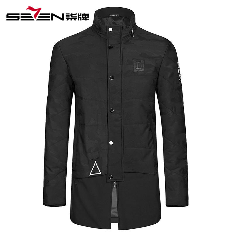 柒牌SEVEN男装中长款棉服时尚拼接字母几何印花休闲潮流外套