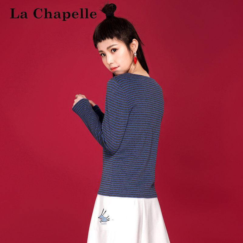 拉夏贝尔Candie’s女装秋季显瘦印花条纹韩版打底衫T恤女30071515