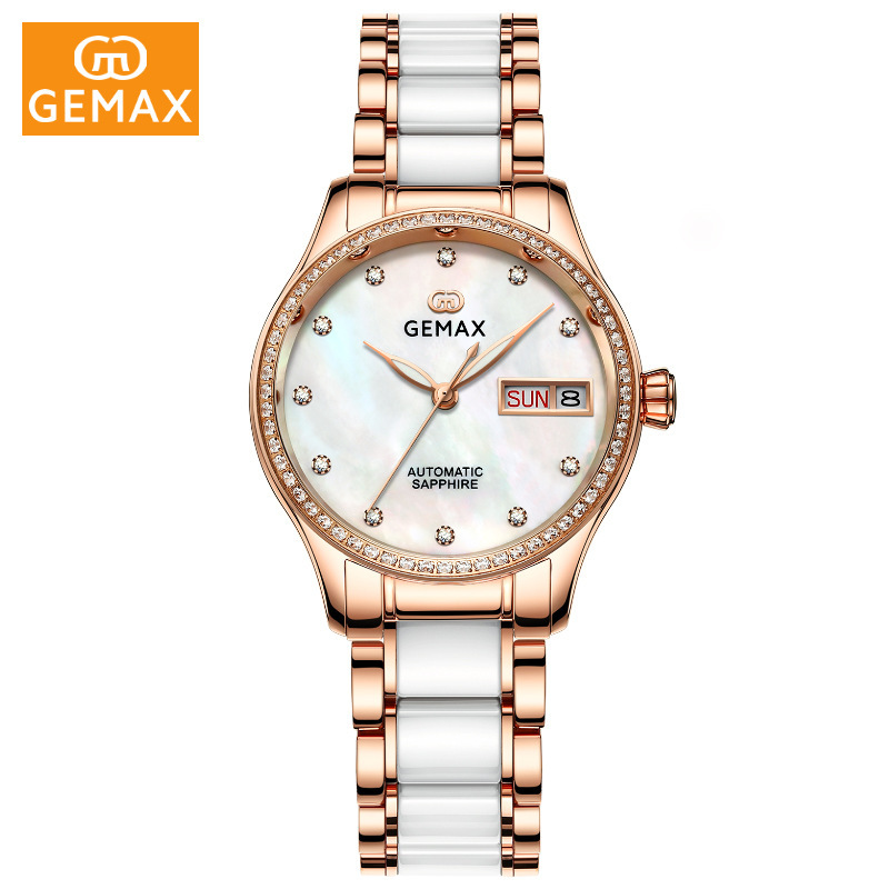 gemax格玛仕正品防水全自动机械手表女士时尚钢间陶瓷日历腕表