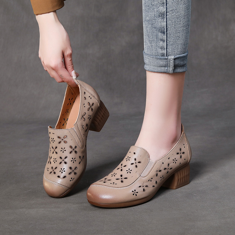 dbmg镂空民族风单鞋春夏新款透气粗跟时装女鞋花朵中跟气质妈妈