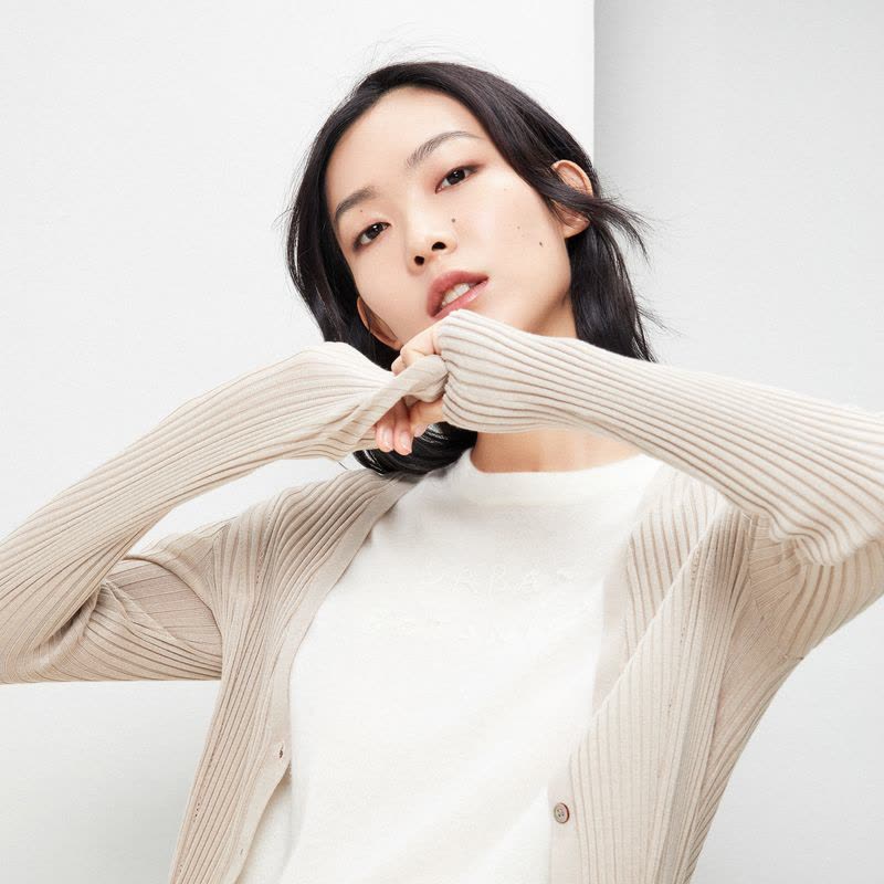 鄂尔多斯ERDOS【100%桑蚕丝】春夏V领抽条柔软舒适百搭开衫女士针织衫/ 毛衣图片