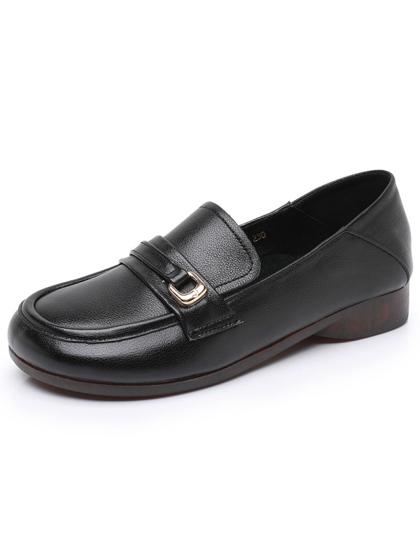 圆头一脚蹬乐福鞋女2025款头层牛皮金属扣粗跟复古单鞋软底小皮鞋