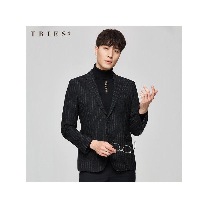 才子男装竖条纹羊毛西服男士2020秋季新款修身商务休闲上衣外套