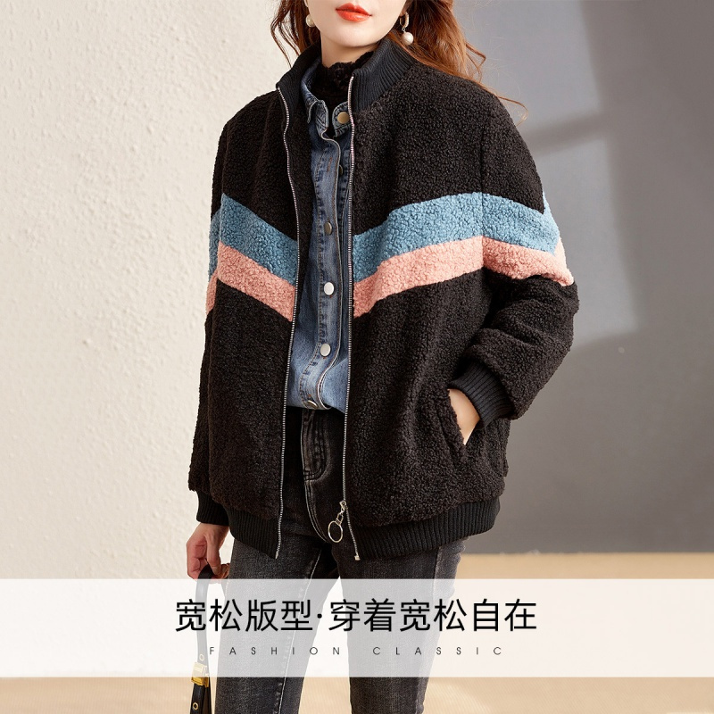 OUNIXUE欧昵雪 | [撞色拼接羊羔毛外套]冬季保暖半高领休闲宽松毛绒女士上衣