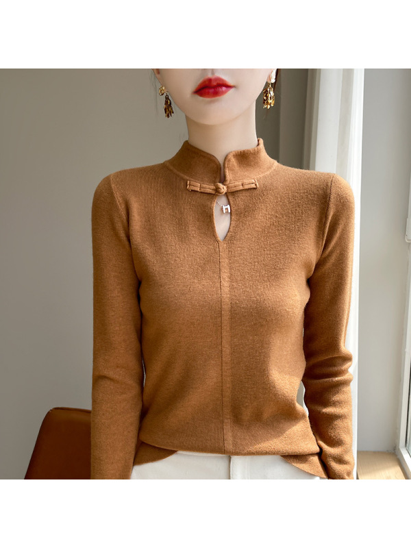 纯色中式盘扣上衣女秋季紧身显瘦打底针织衫软糯风毛衣