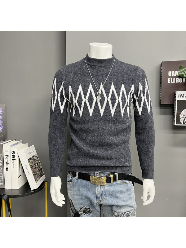 男士毛衣秋冬新款雪尼尔保暖加厚内衣线衣圆领打底针织衫男几何潮