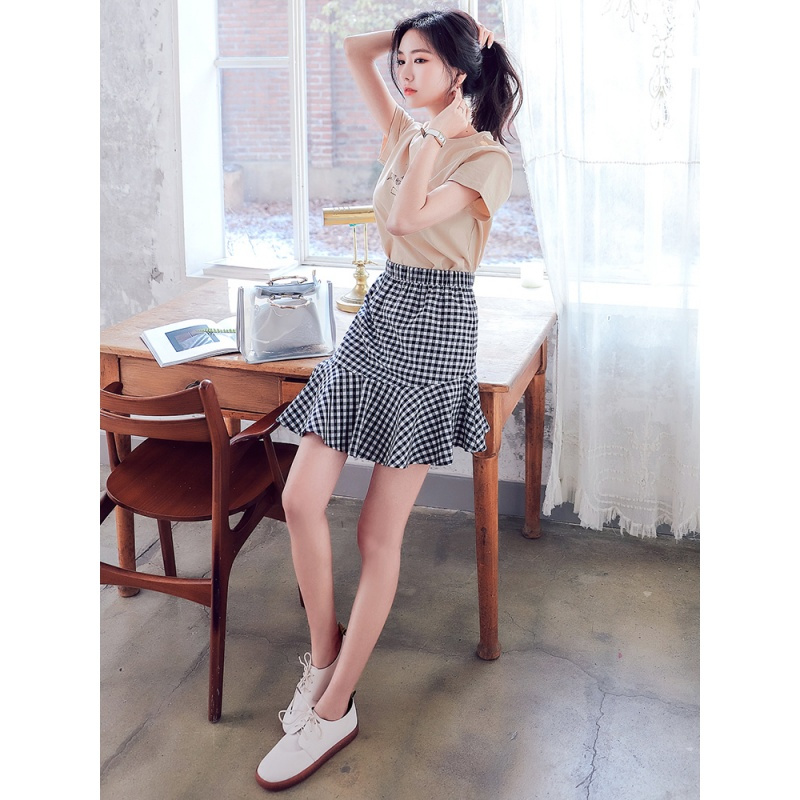 韩都衣舍2018韩版女装夏装潮流格子印花两件套短袖连衣裙EK8192囡