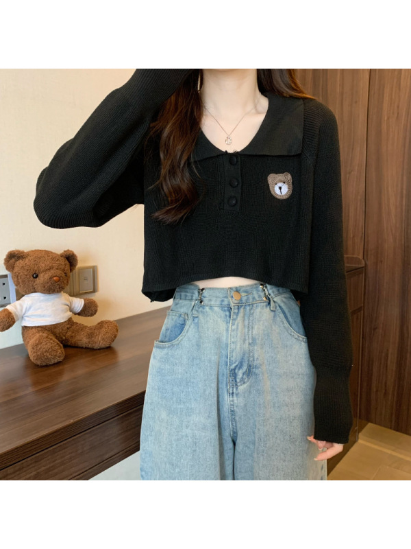 刺绣小熊polo领长袖针织衫女秋季设计感小众毛衣宽松显瘦短款上衣