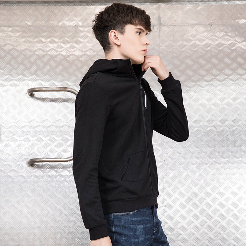 潮流前线2019秋装青春时尚连帽针织外套男舒适百搭黑色夹克外套上衣