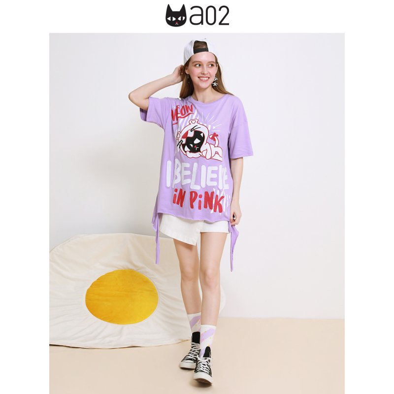 a02新款2020玩趣印花飘带长款短袖T恤女夏DTU1B0531KT