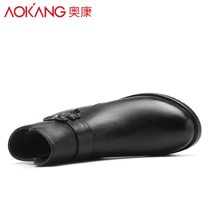 奥康(AOKANG)棉鞋女冬季加绒保暖棉鞋防滑平底软底真皮休闲高帮女士靴子
