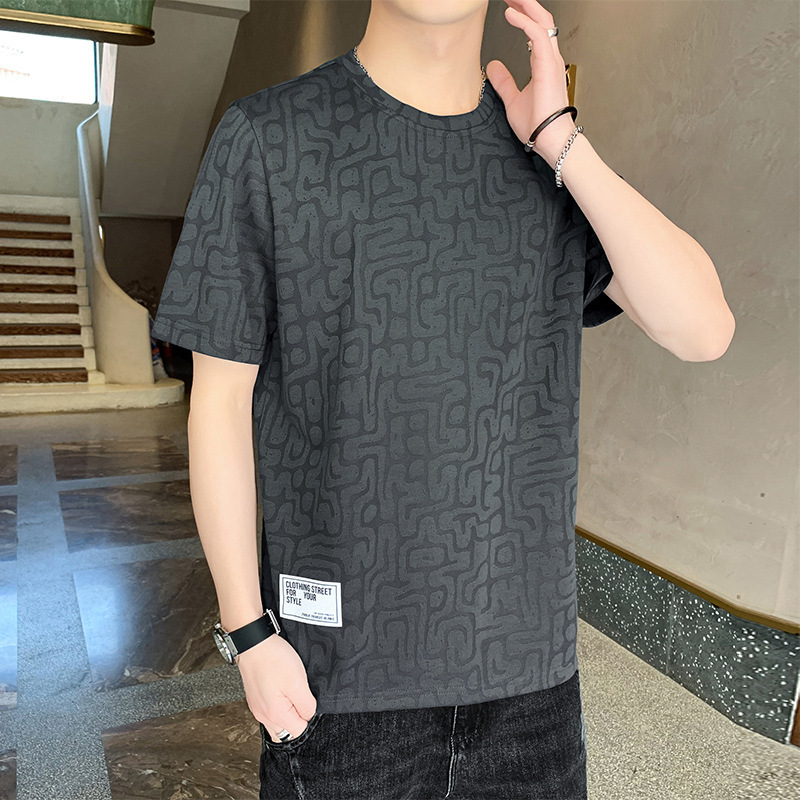 男装夏季新款男士短袖T恤港风提花布条纹直筒圆领潮流休闲打底衫