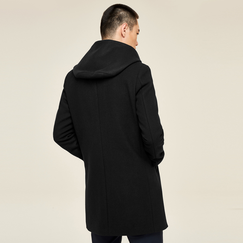 gxg男装冬季男士韩版时尚休闲连帽黑色长款大衣男_1