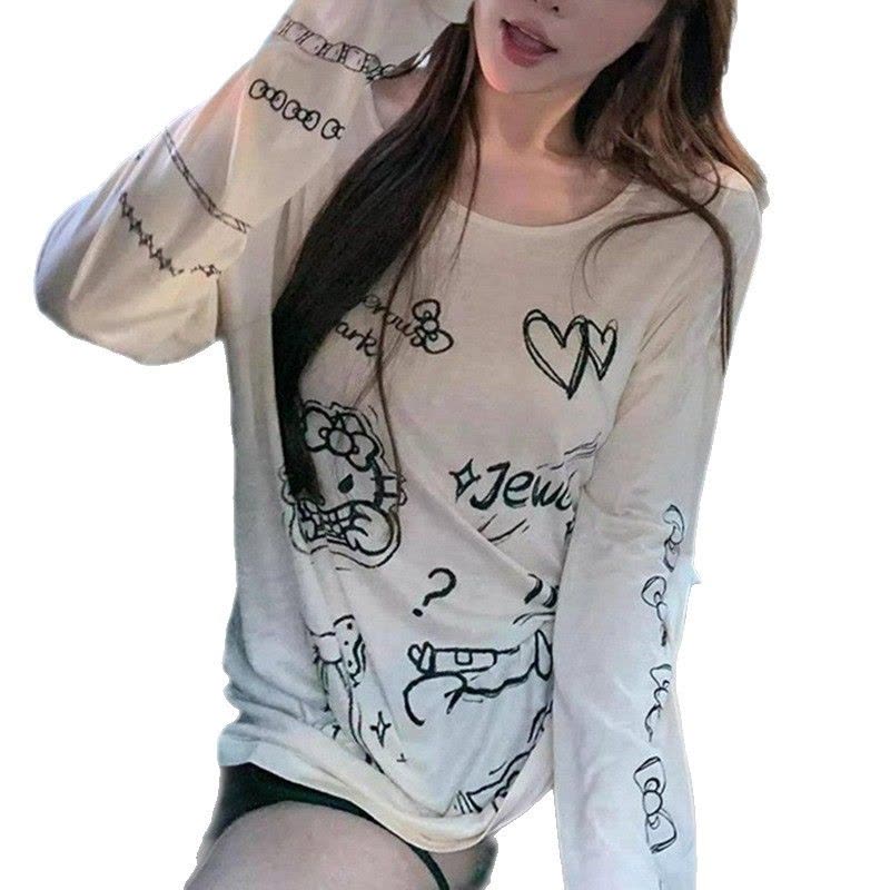 趣味kt猫印花慵懒卡通薄款长袖T恤女装夏季新款宽松防晒罩衫上衣图片